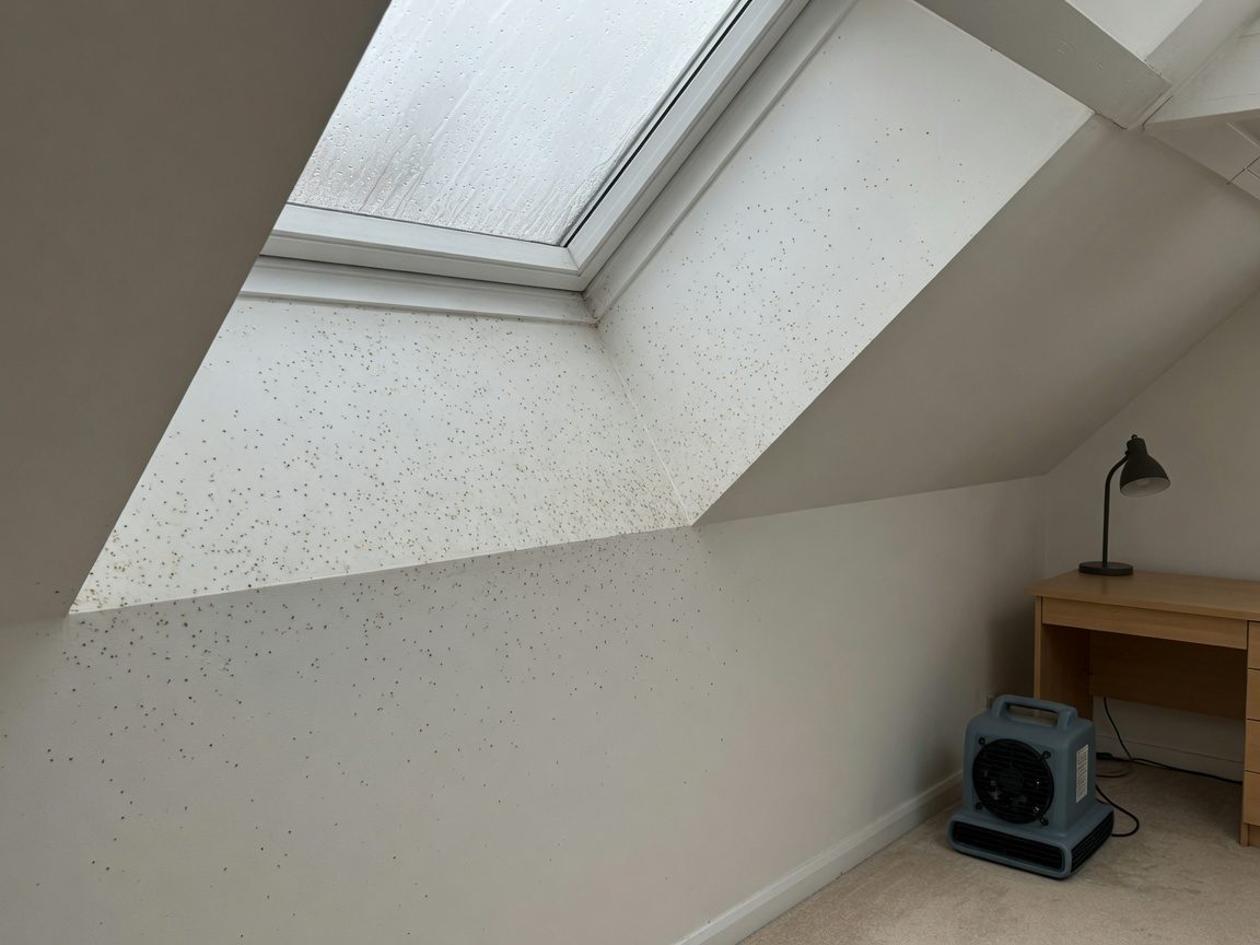 Fine mould speckling at the lower corner of a roof-window reveal in a Tucson loft study during drying-stage mould remediation.