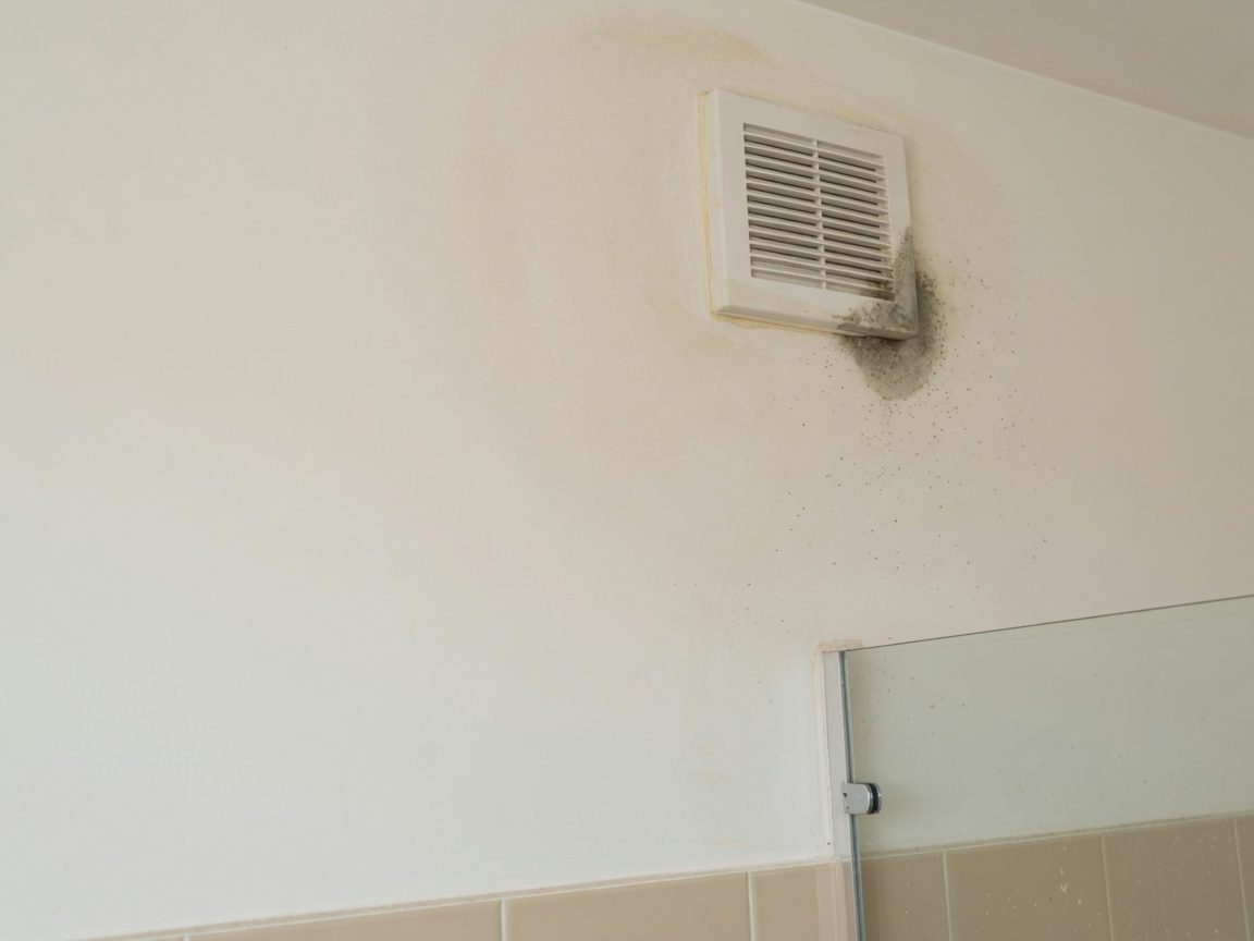 Residual mould speckling beside an extractor grille in a Tucson bathroom after a mould-removal cleaning pass.