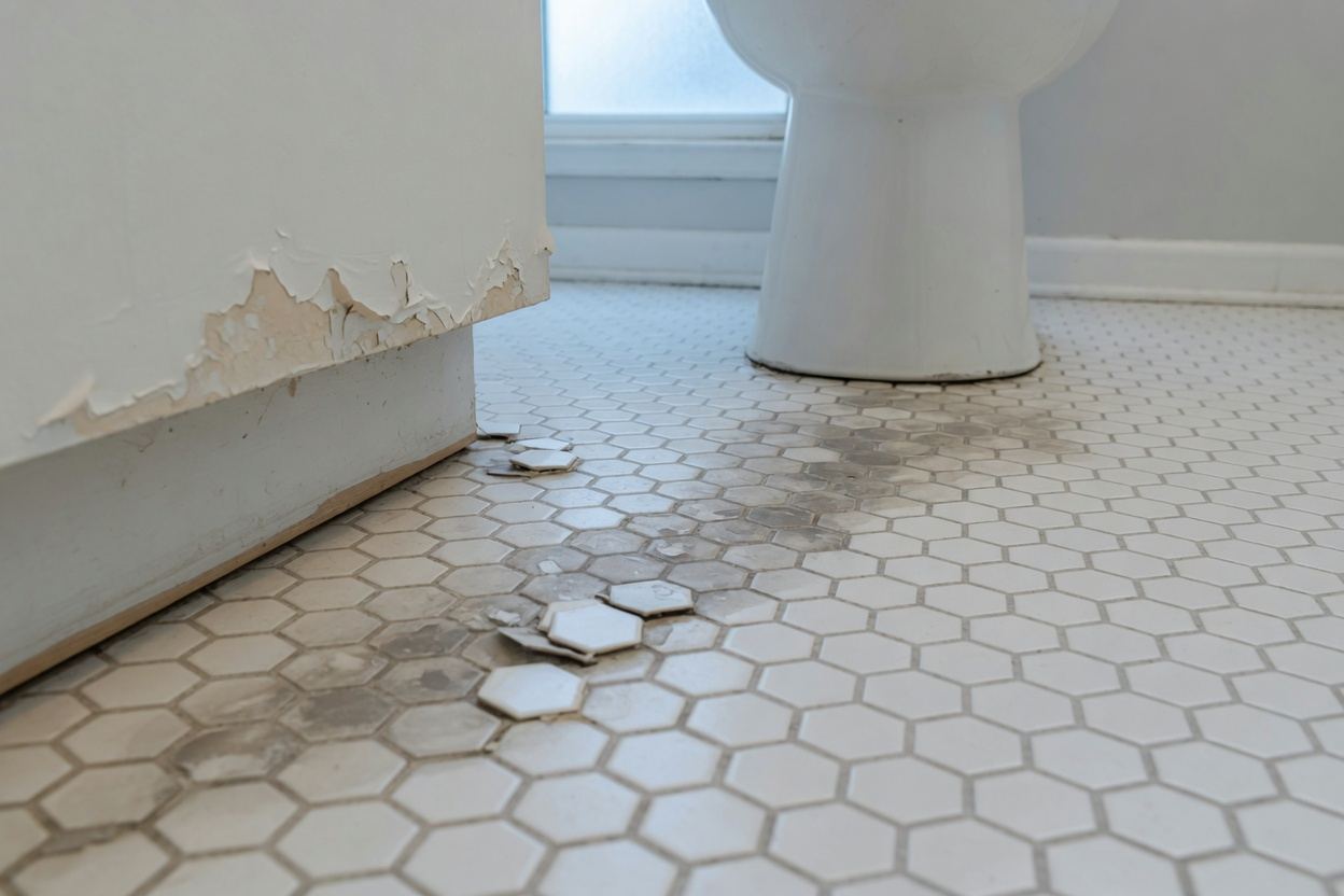 Bathroom floor tile lifting from a toilet leak in a Tucson home