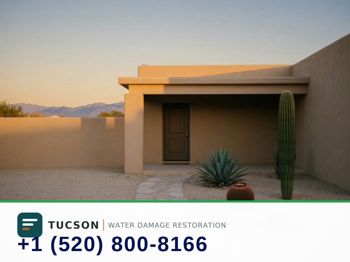 Tucson Water Damage Restoration — desert home at golden hour with the company name and phone number +1 (520) 800-8166.