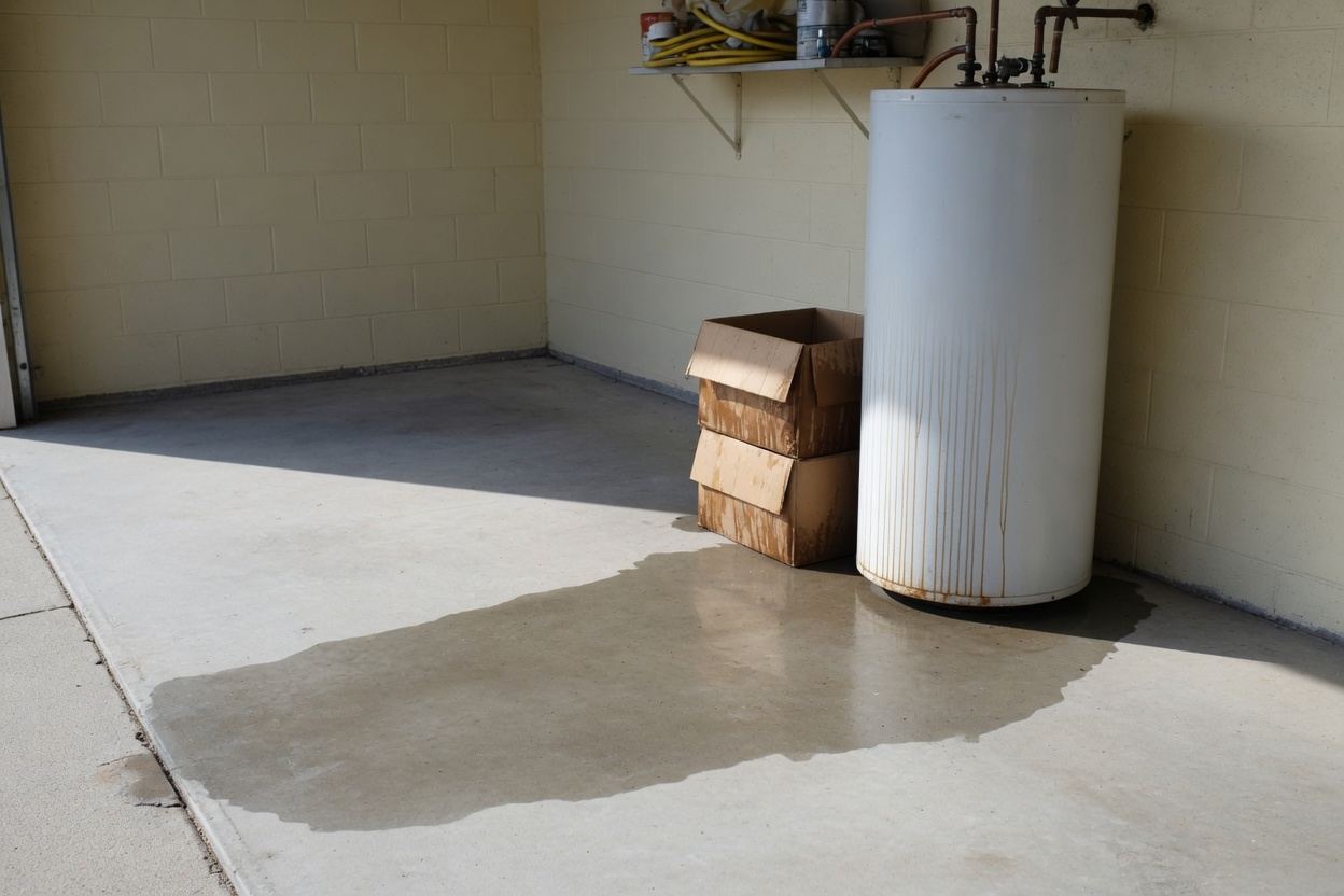 Leaking water heater in a Tucson home garage