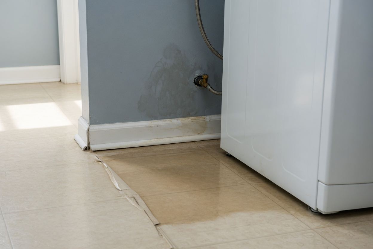 Burst washing machine supply line in a Tucson laundry room