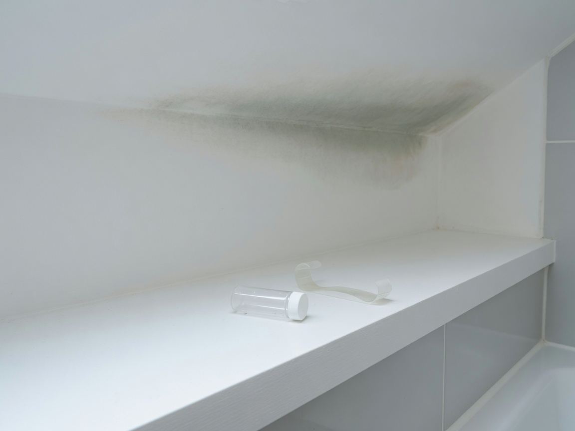 Surface sample vial and tape lift beside faint mold speckling on a bathroom ceiling line.